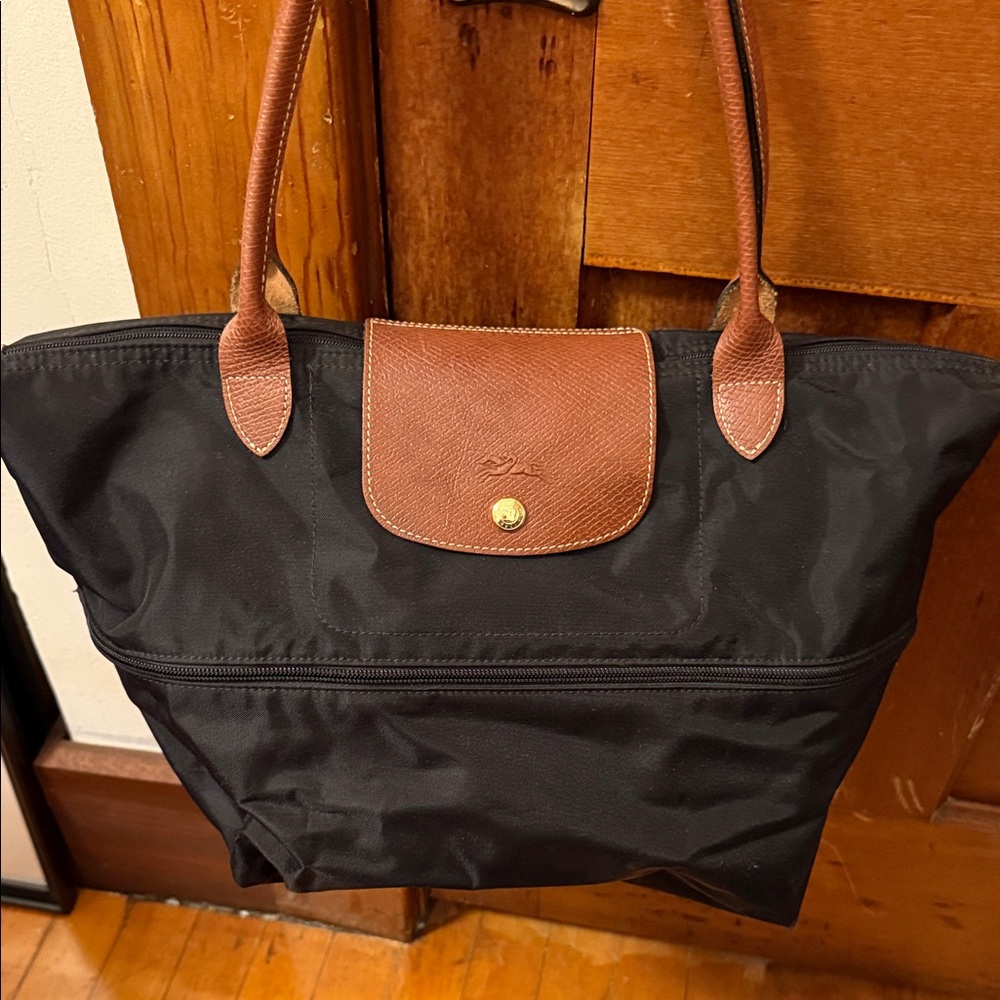 Longchamp Black Tote with Tan Accents